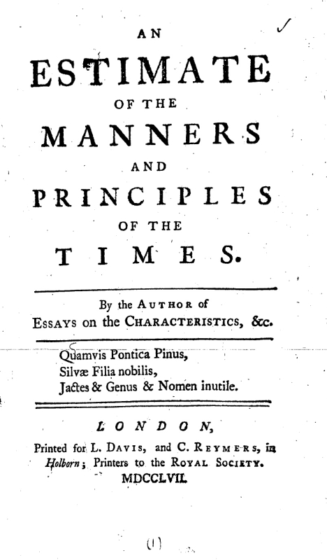 Front cover of An Estimate of the Manners and Principles of the Times.