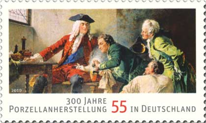 A German commemorative stamp depicting Johann Friederich Böttger creating porcelain.