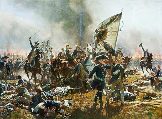 Frederick the Great of Prussia leading his troops during the Seven Years' War.