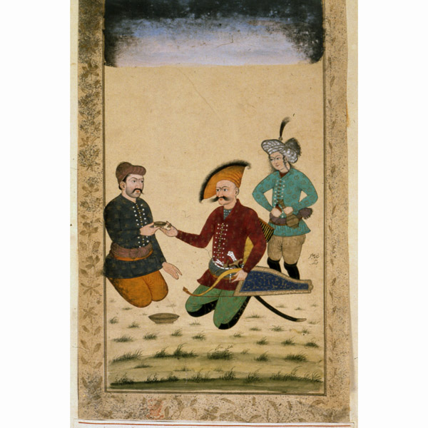 Shah Abbas discussing trade with envoys of Mughal India.