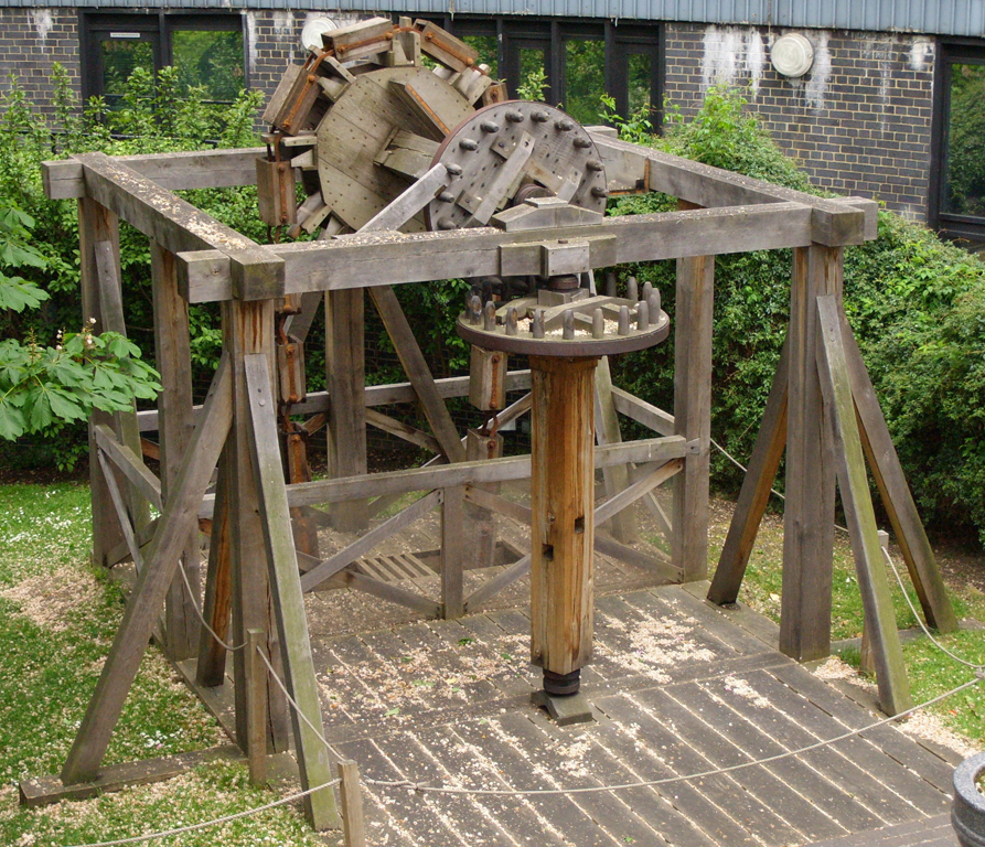 Reconstructed Roman water wheel, Aldersgate, London.