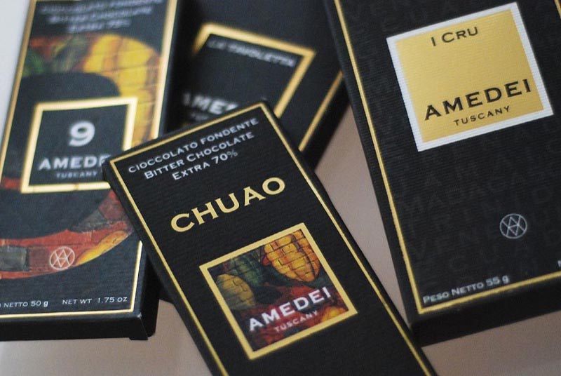 Several bars of Amedei chocolate.