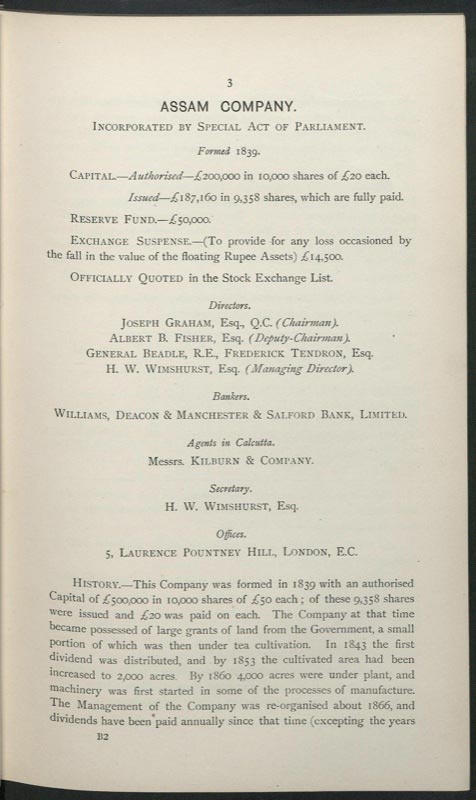 Information on the Assam Tea Company. Page taken from Tea Producing Companies by Gow, Wilson and Stanton, 1897.