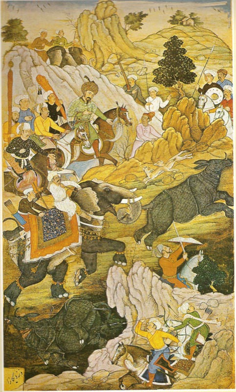 The first Mughal Emperor Zahir-ud-din Muhammad Babur hunting Rhinoceros near Peshawar. Illustration from the Babur Nama.