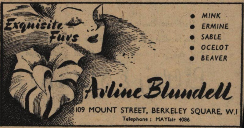 Newspaper advertisement for Arline Blundell, selling mink, ermine, ocelot, sable and beaver.