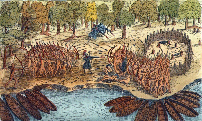 A drawing by Champlain from his 1609 voyage. It depicts a battle between Iroquois and Algonquian tribes near Lake Champlain.