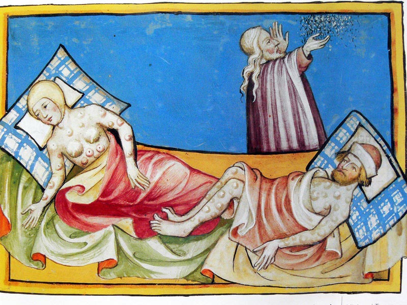 Depiction of the Black Death from the Toggenburg Bible, 1411. 
