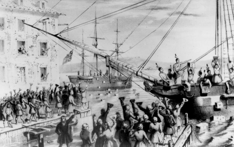 Boston Tea Party: British tea dumped into Boston Harbor by Colonists.
