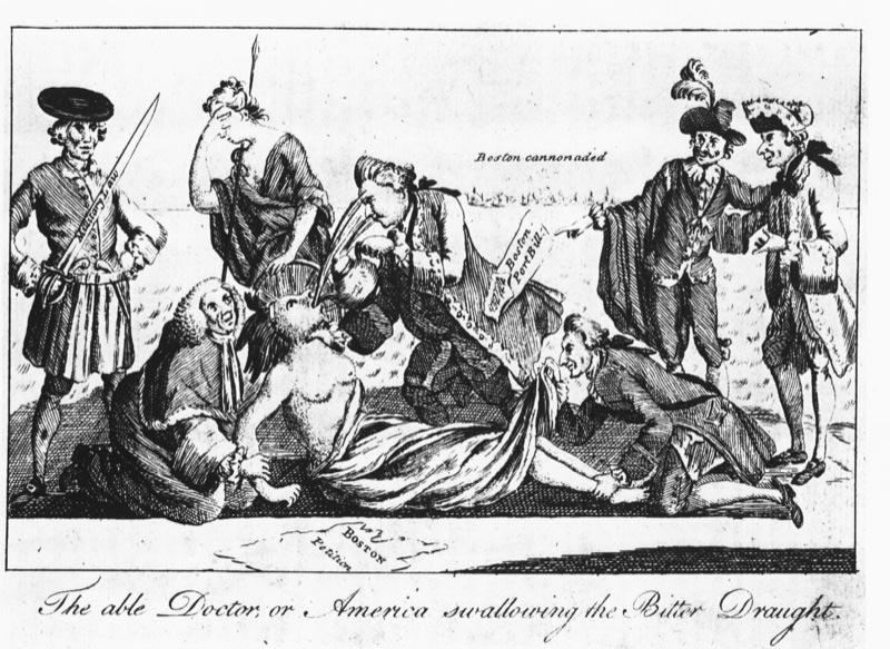 Prime Minister Lord North, author of the Boston Port Bill, forcing tea (the "Intolerable Acts") down the throat of an American Indian woman (America). Cartoon from London Magazine May 1, 1774. 