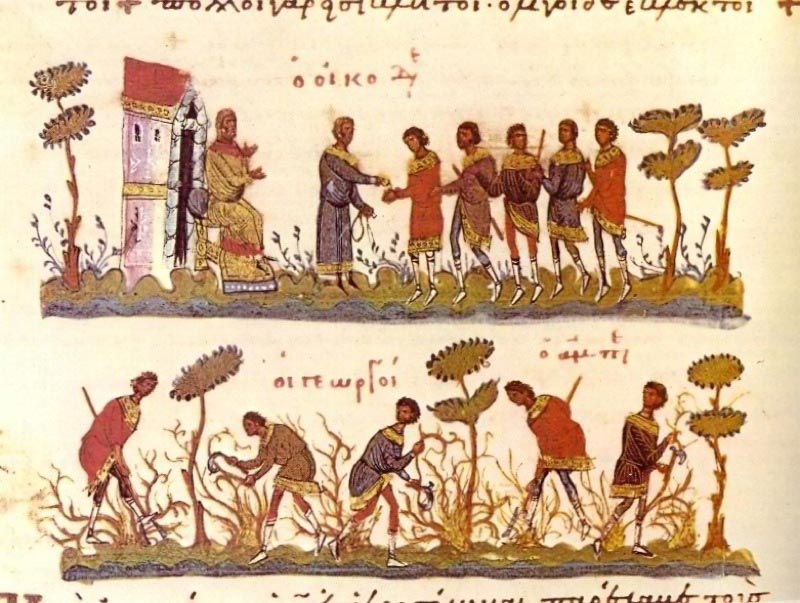 Byzantine agricultural workers as depicted in the Byzantine Gospel, mid-to-late 12th century. 