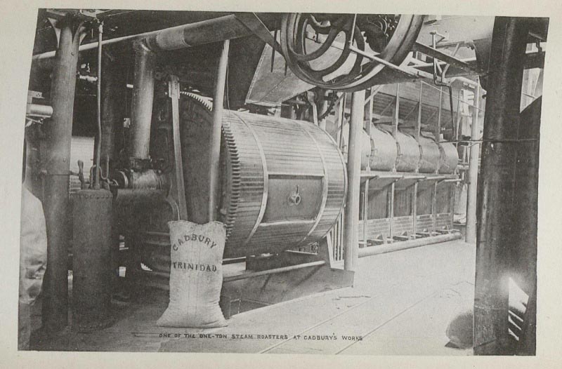 A steam roaster at a Cadbury's factory. From Historicus's Cocoa, All About It (1892).