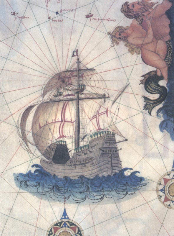 A Portuguese carrack as depicted in a map made in 1565 by Sebastião Lópes.