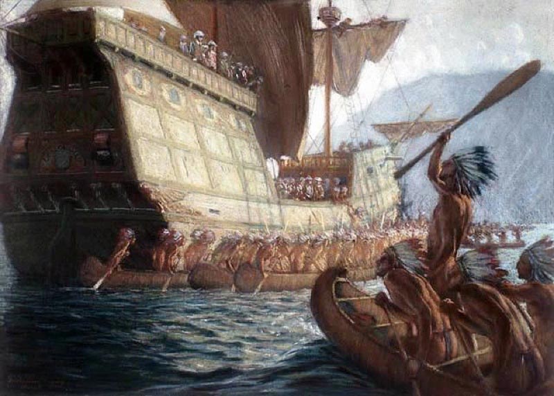 Painting by George Agnew Reid showing the arrival of Samuel de Champlain on the future site of Quebec City. 