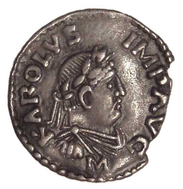 A coin depicting Charlemagne.
