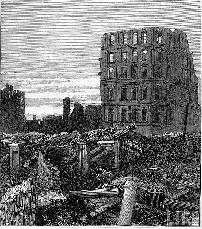Illustration of the ruins of the National Bank of Chicago destroyed in the Great Chicago Fire.