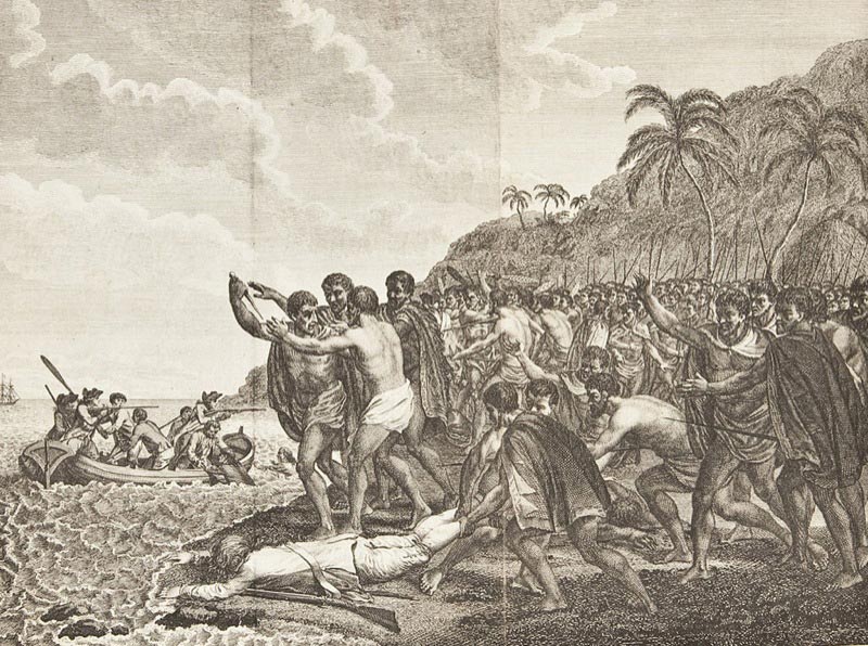 Copper engraving of The Death of Captain James Cook.