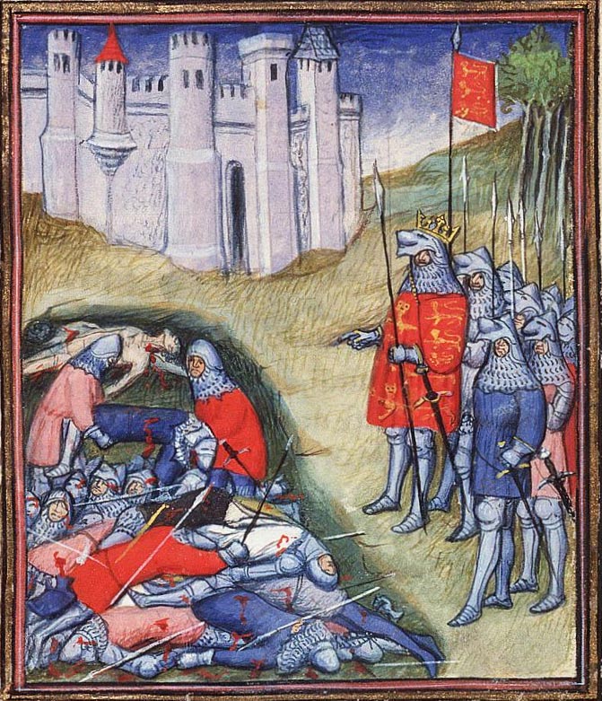 Edward III counting the dead on the battlefield of Crécy. From Jean Froissart, Chroniques Vol. 1, ca.1410.
