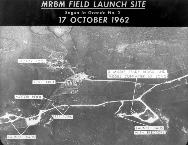 An aerial view showing the medium range ballistic missile field launch site number two at Sagua la Grande. October 17, 1962.