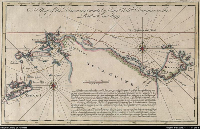 Map by Emmanuel Bowen of the discoveries made by William Dampier in Papua New Guinea. 