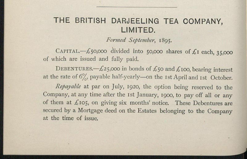 Information on the Darjeeling Tea Company. Page taken from Tea Producing Companies by Gow, Wilson and Stanton, 1897.