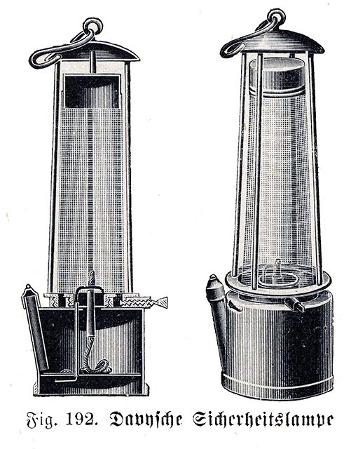 Safety lamp for use in coal mines.