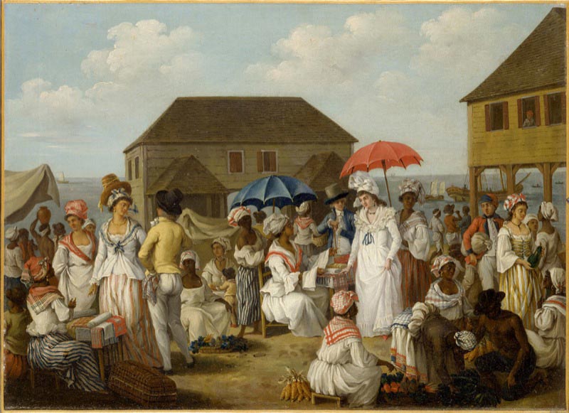 A linen market in Dominica in the 1770s depicting enslaved people.