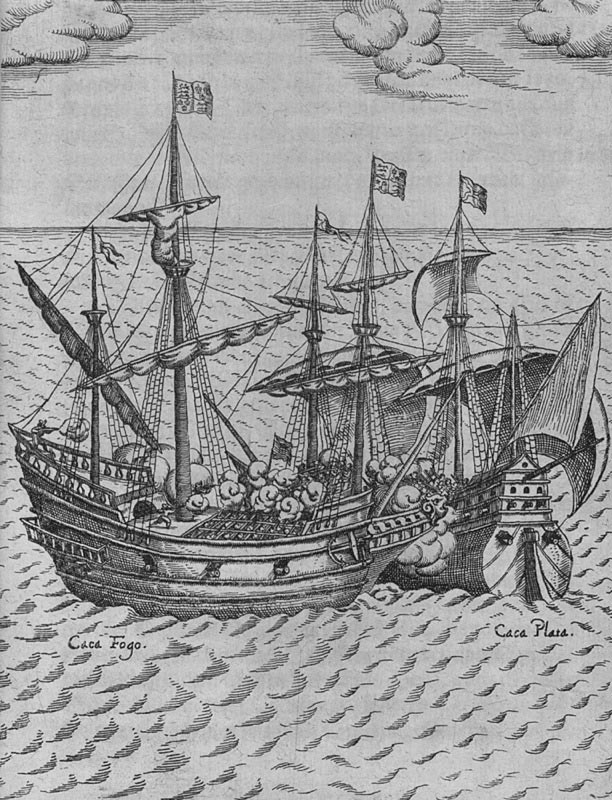 The capture of the Cacafuego, the Spanish treasure-ship, by Sir Francis Drake. Engraving by Levinus Hulsius.