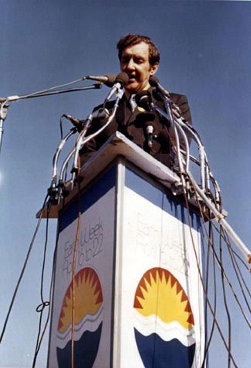 US Senator Edmund Muskie, author of the 1970 Clean Air Act, addressing an estimated 50,000 people as keynote speaker for Earth Day in Philadelphia, 1970.