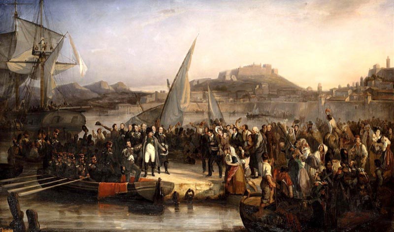 Joseph Beaume's 1836 painting depicts Napoleon leaving the island of Elba at the port of Portoferraio. 