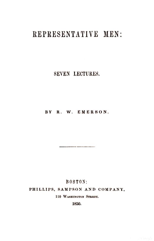 Title page for Representative Men: Seven Lectures by Ralph Waldo Emerson.
