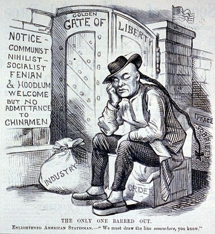 Editorial cartoon showing a Chinese man being excluded from entry to the "Golden Gate of Liberty" from Frank Leslie's illustrated newspaper, Vol. 54.