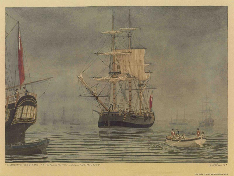 Print of the ship the Charlotte from the First Fleet. The image was of the ship at Portsmouth (England) prior to departure in May 1787.