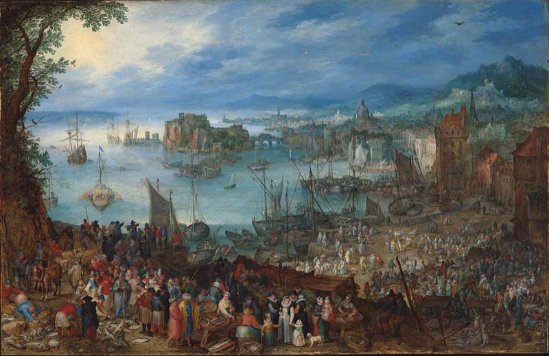 Great fish market by the Dutch painter Jan Brueghel, 1603. 
