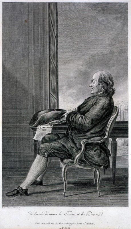 Benjamin Franklin. Line engraving by François Denis Née after a portrait by Carmontelle.