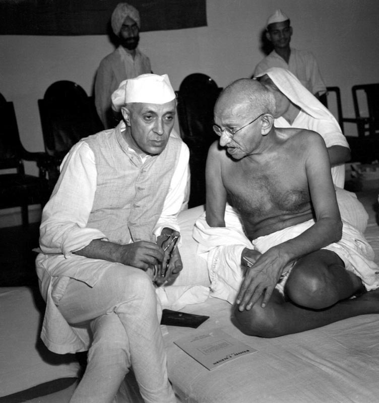 Pandit Nehru and Mahatma Gandhi during the All-India Congress Committee session, August 8, 1942, when the "Quit India" resolution was adopted.