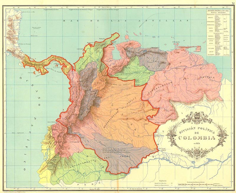 The Great Colombia as it was in 1824. Taken from the Geographical and historical atlas of the Republic of Colombia (1890).