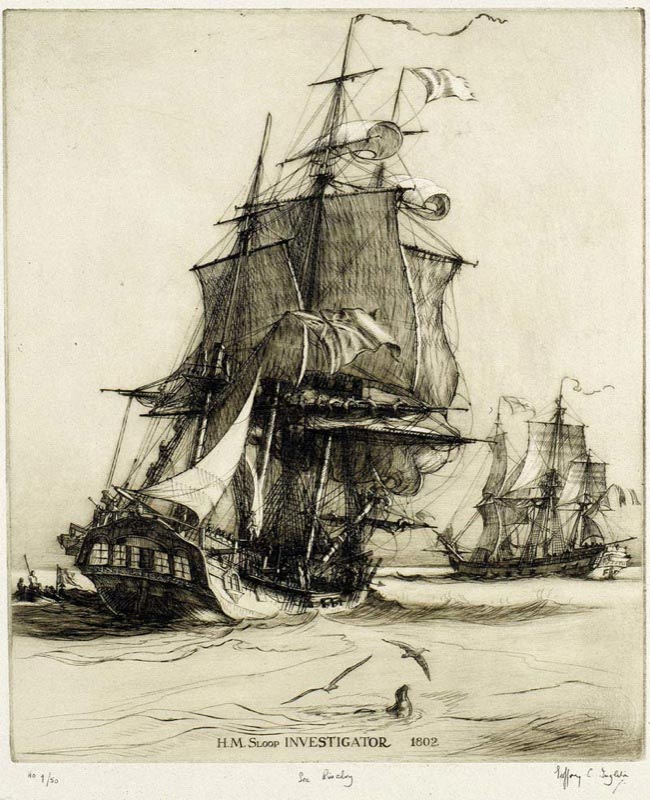 HMS Investigator, etching by Geoffrey Ingleton.
