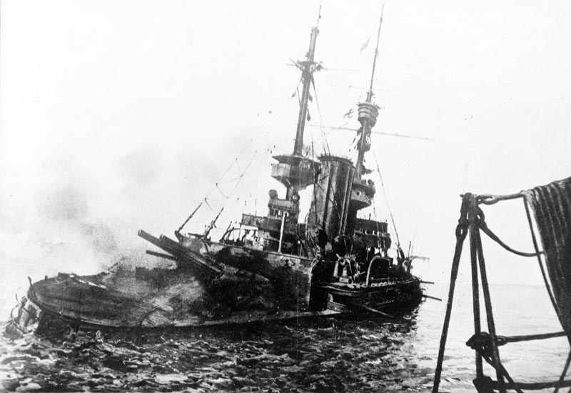 British battleship HMS Irresistible abandoned and sinking, 18 March 1915, during the Battle of Gallipoli.
