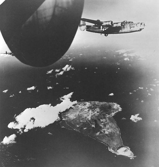 American Liberators carrying out a bombing raid over Iwo Jima. 