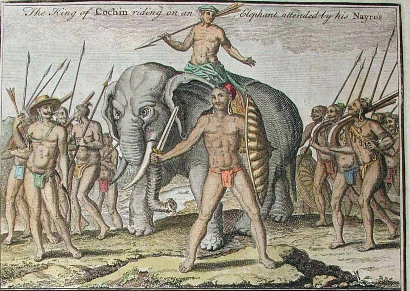 The King of Cochin riding on an Elephant. A 16th century painting by Linschoten based on his travels. 