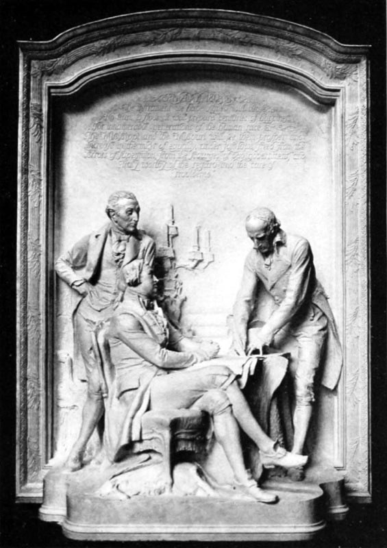 Louisiana Purchase sculpture. James Monroe (left) and Robert R. Livingston (seated) represent the United States. François Barbé-Marbois (right) represents France.
