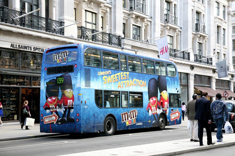 M&M's advertising on a London bus.