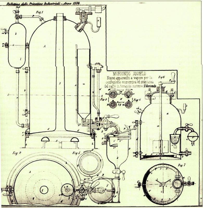 Patent for first espresso machine by Mr Angelo Moriondo.