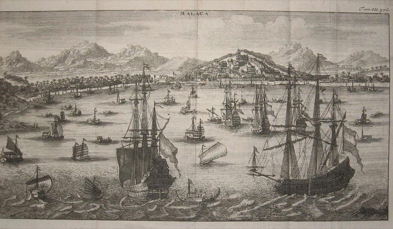 De stad Malacca, Dutch Ships in Malacca Harbor. Etching by Schouten and Wouter 1676.
