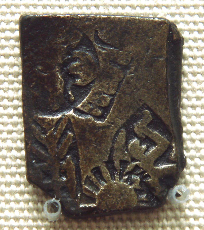 A silver coin of the Mauryan dynasty depicting Balarama. Held at the British Museum. 