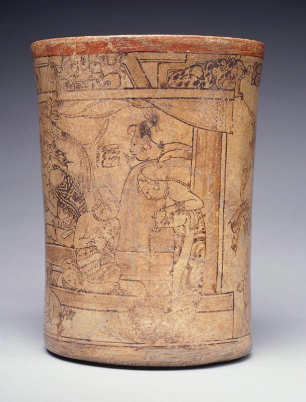 Mayan vase depicting a woman pouring chocolate, 600-800 AD.
