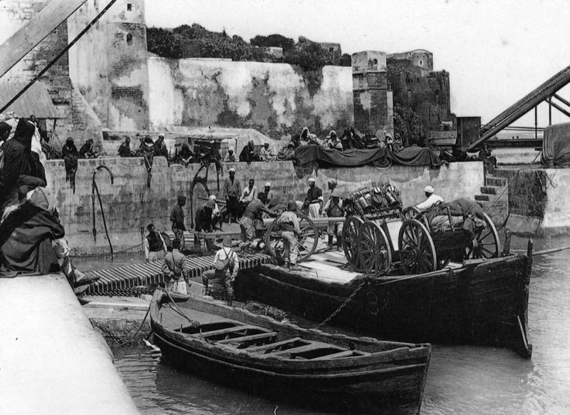 Pre-colonial Morocco. Rabat, 1911. Loading of the French artillery to the crossing of the Oued Bou Regreg.