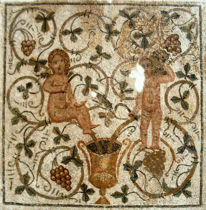 Ancient Roman mosaic depicting workers in a vineyard.