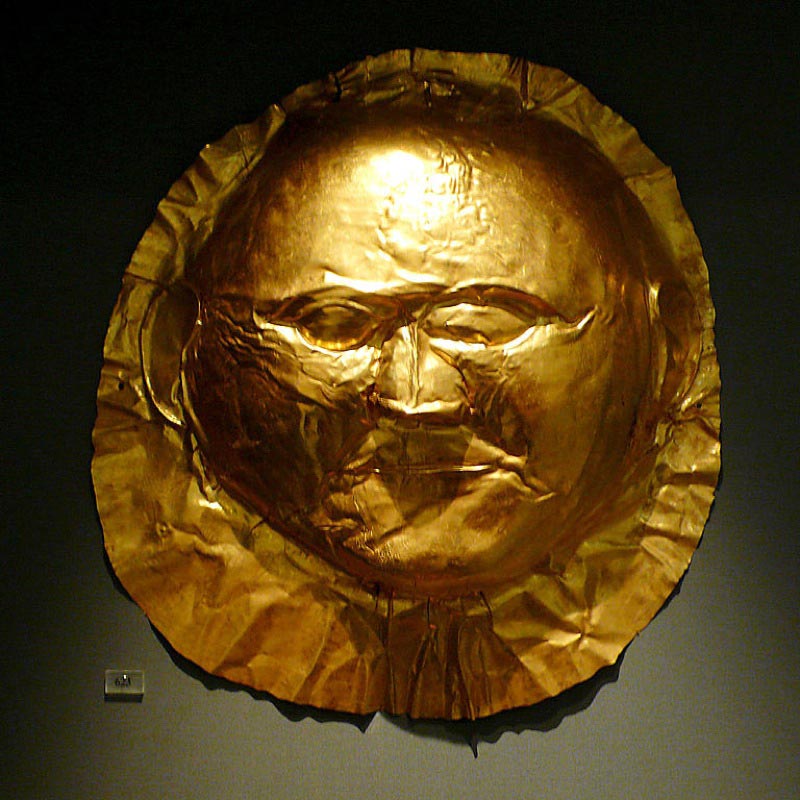 Gold death-mask of Mycenae. Held at the National Archaeological Museum, Athens.
