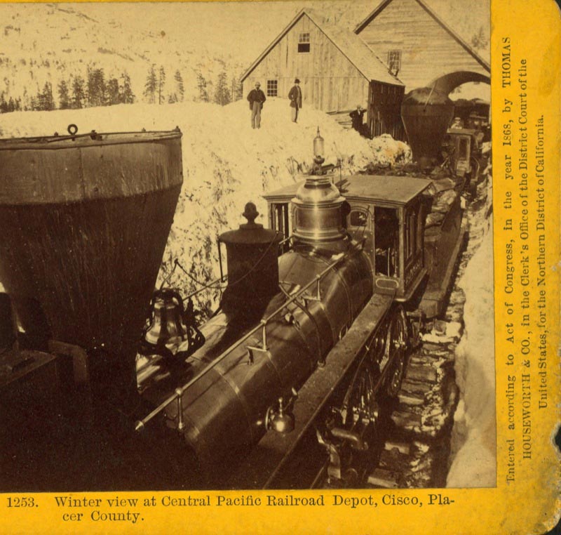 Winter view at Central Pacific Railroad Depot, Cisco, Placer County, 1868.